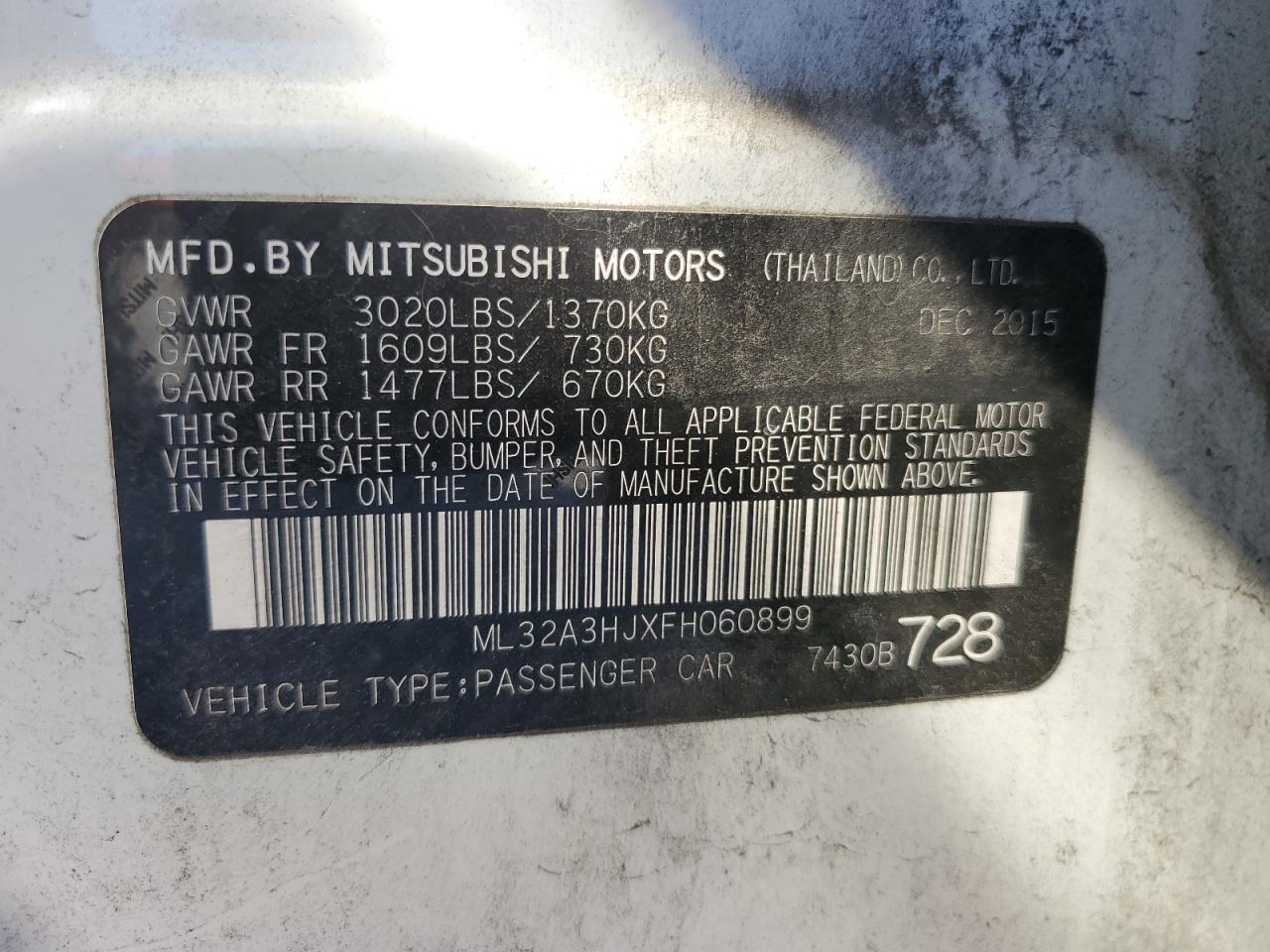 2015 Mitsubishi Mirage De VIN: ML32A3HJXFH060899 Lot: 86603385