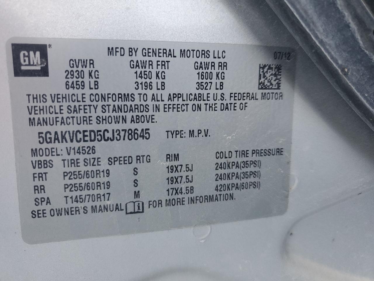 2012 Buick Enclave VIN: 5GAKVCED5CJ378645 Lot: 89557145