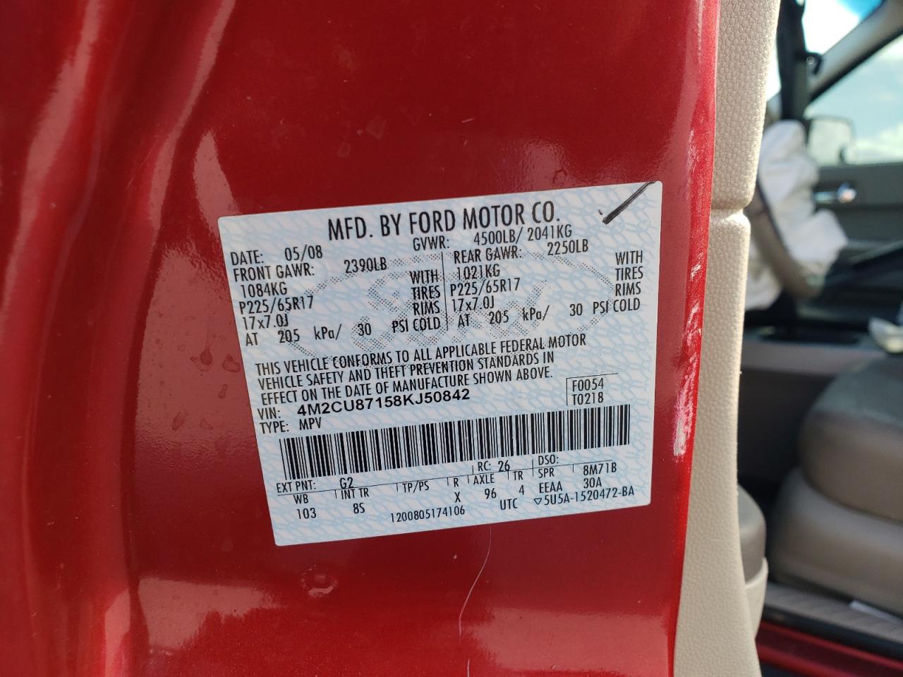 2008 Mercury Mariner Premier VIN: 4M2CU87158KJ50842 Lot: 86159845