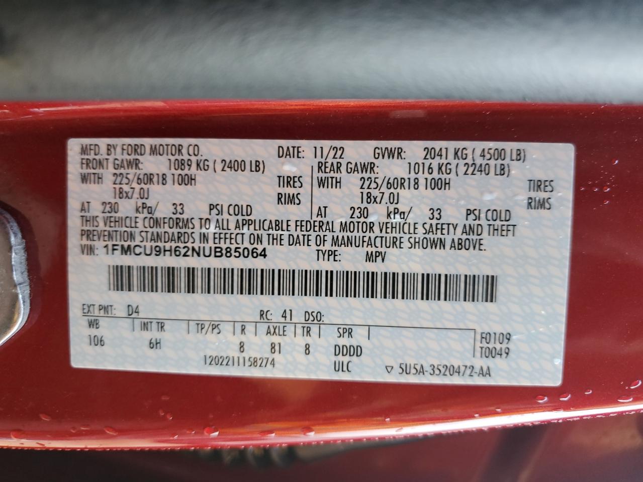 2022 Ford Escape Sel VIN: 1FMCU9H62NUB85064 Lot: 86648115