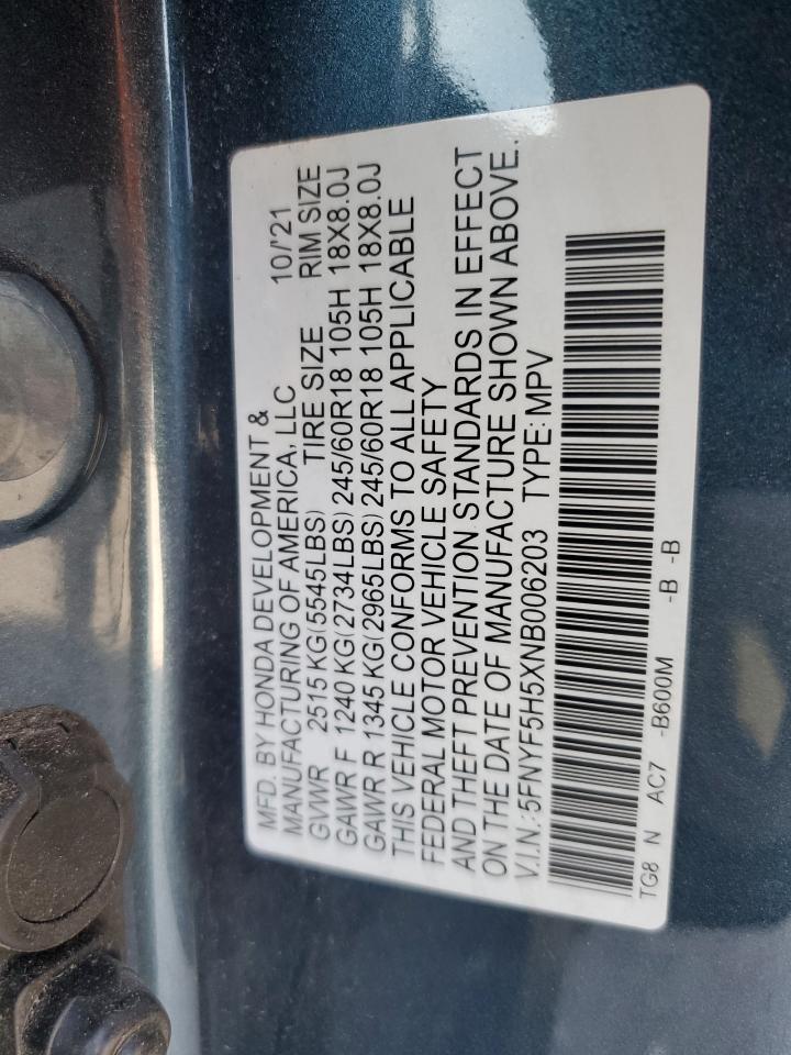 2022 Honda Pilot Exl VIN: 5FNYF5H5XNB006203 Lot: 84880095