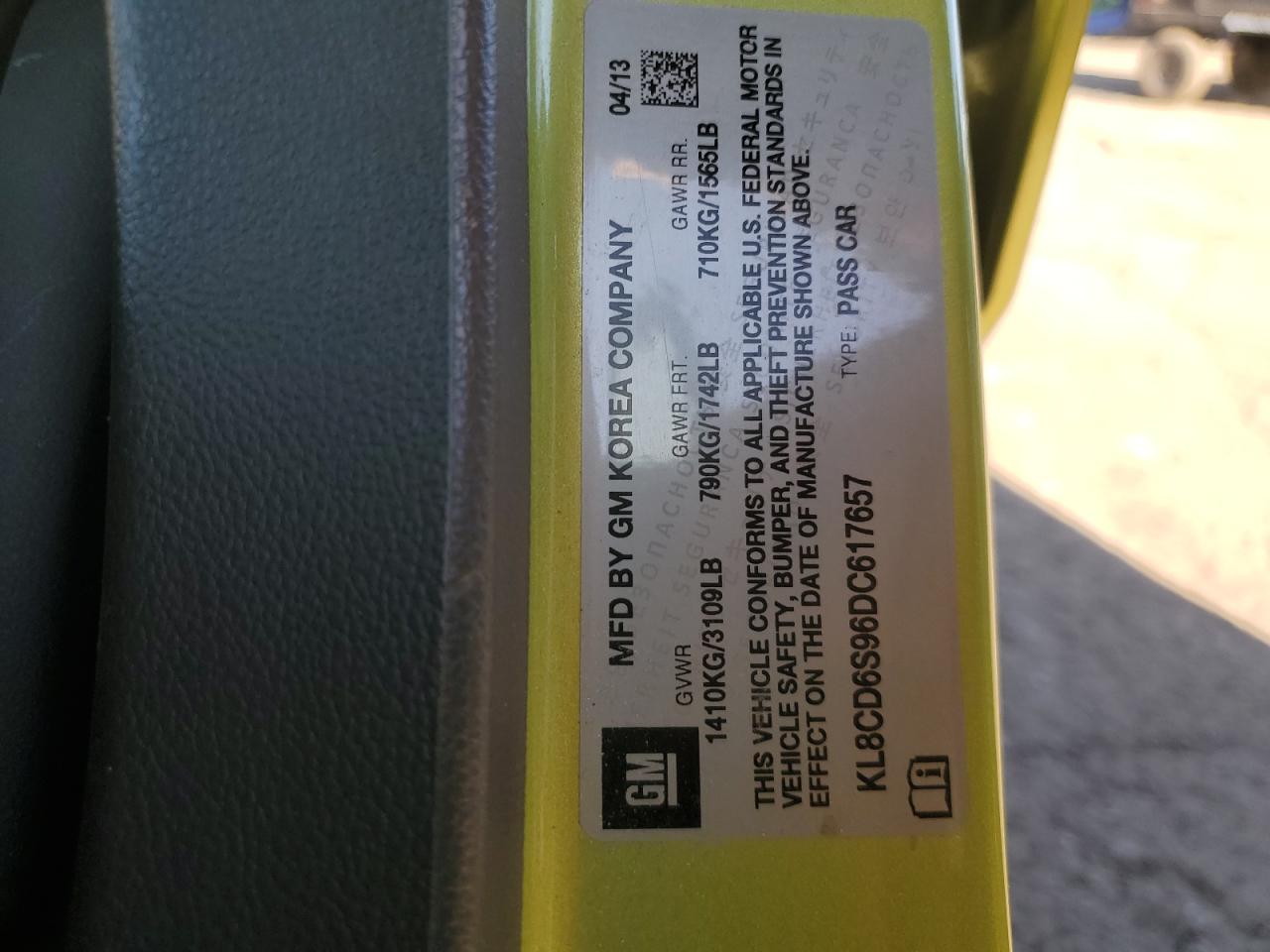 2013 Chevrolet Spark 1Lt VIN: KL8CD6S96DC617657 Lot: 85427705