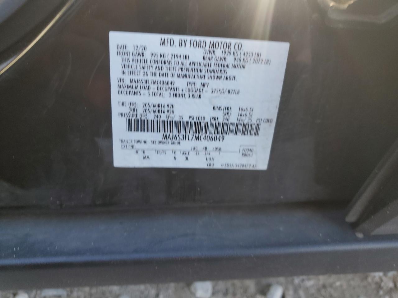 2021 Ford Ecosport S VIN: MAJ6S3FL7MC406049 Lot: 85296115