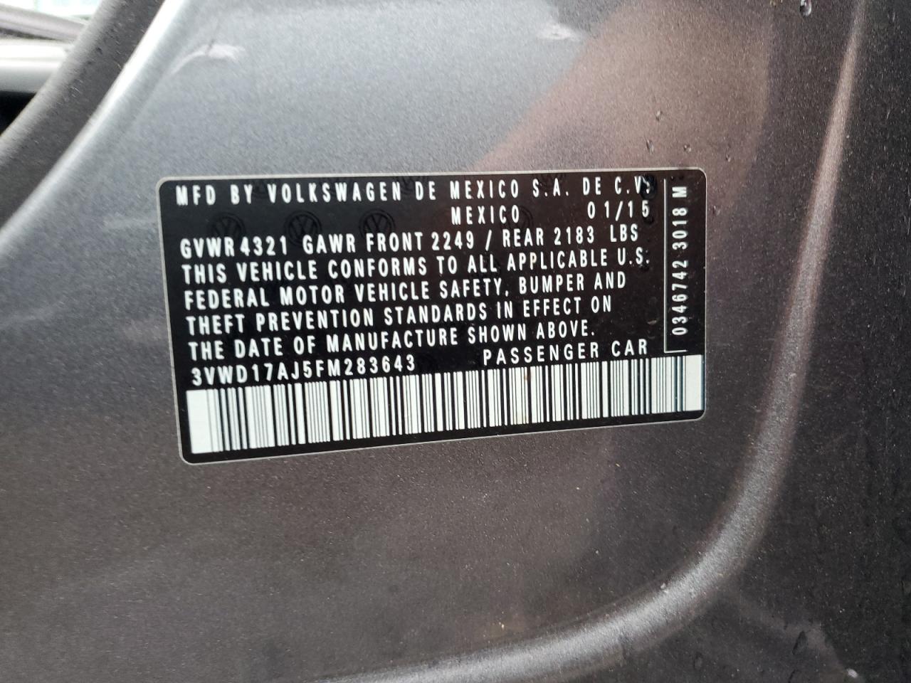 2015 Volkswagen Jetta Se VIN: 3VWD17AJ5FM283643 Lot: 85595045