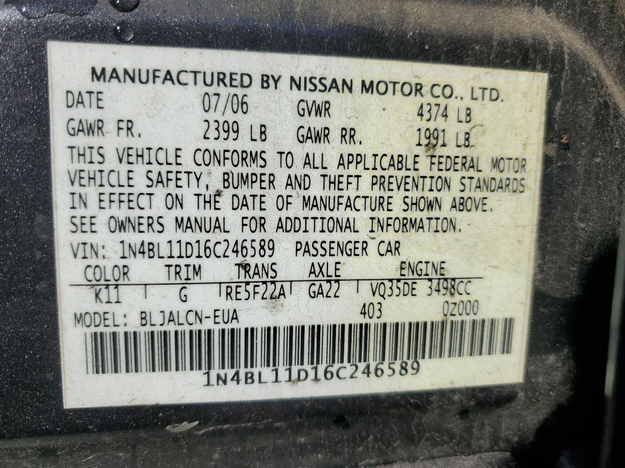 2006 Nissan Altima Se VIN: 1N4BL11D16C246589 Lot: 84871515