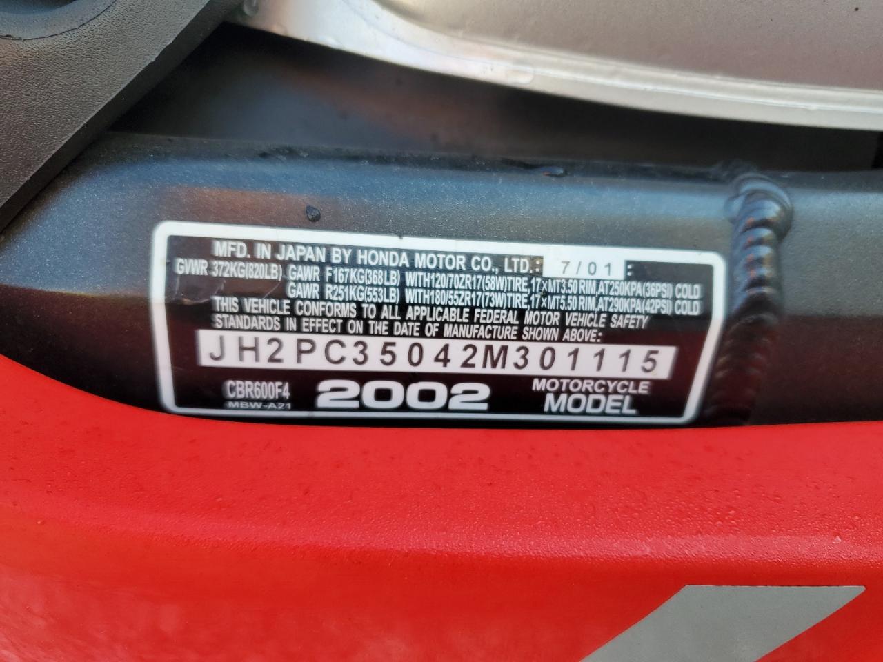 2002 Honda Cbr600 F4 VIN: JH2PC35042M301115 Lot: 82650695