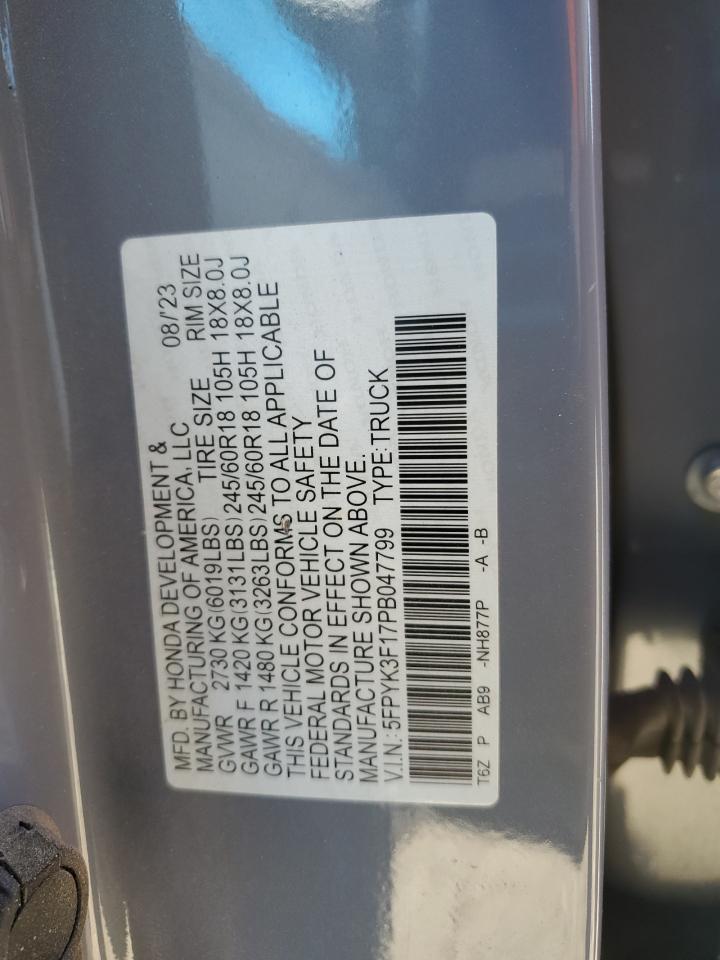 2023 Honda Ridgeline Sport VIN: 5FPYK3F17PB047799 Lot: 89718175