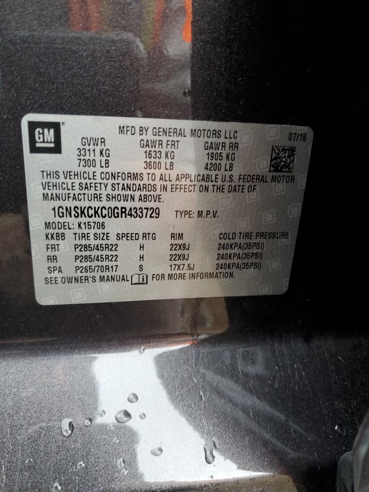 2016 Chevrolet Tahoe K1500 Ltz VIN: 1GNSKCKC0GR433729 Lot: 86490895