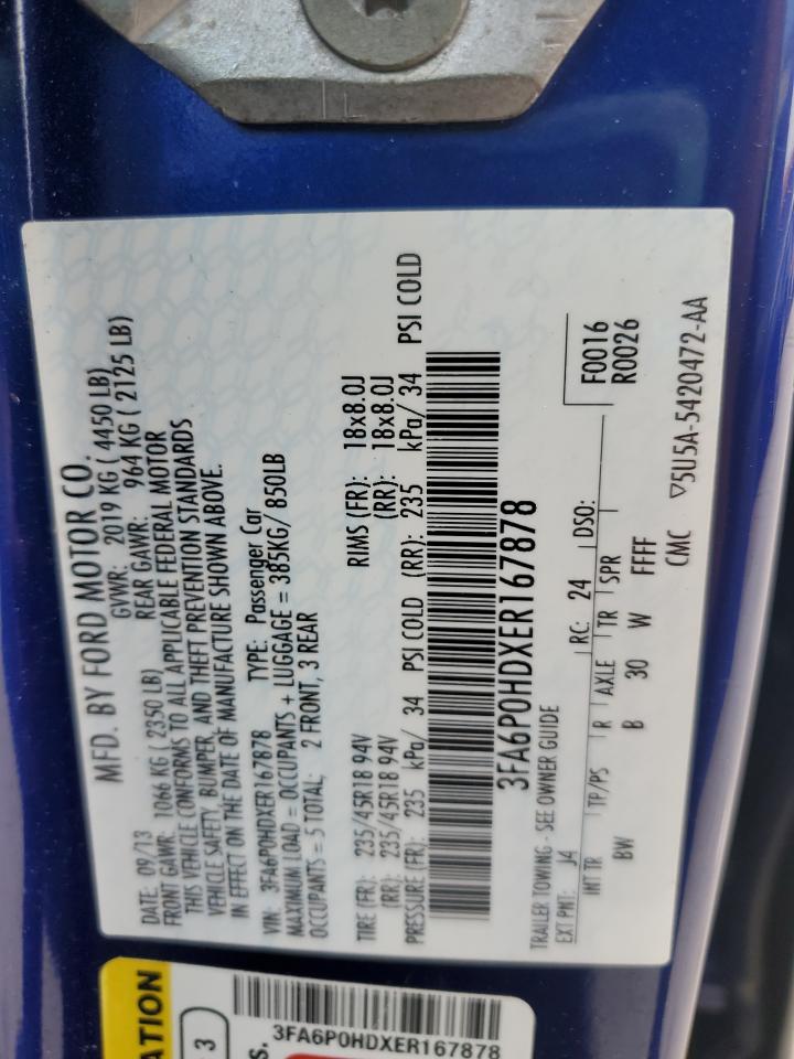 2014 Ford Fusion Se VIN: 3FA6P0HDXER167878 Lot: 85141645