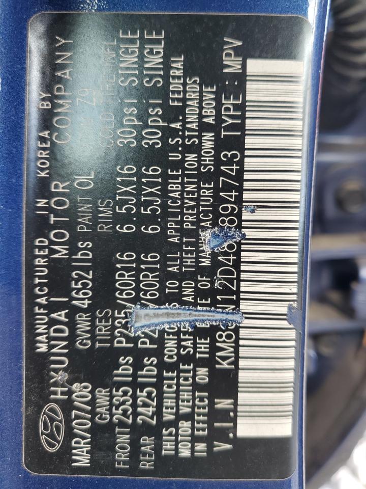 2008 Hyundai Tucson Se VIN: KM8JN12D48U894743 Lot: 90890755