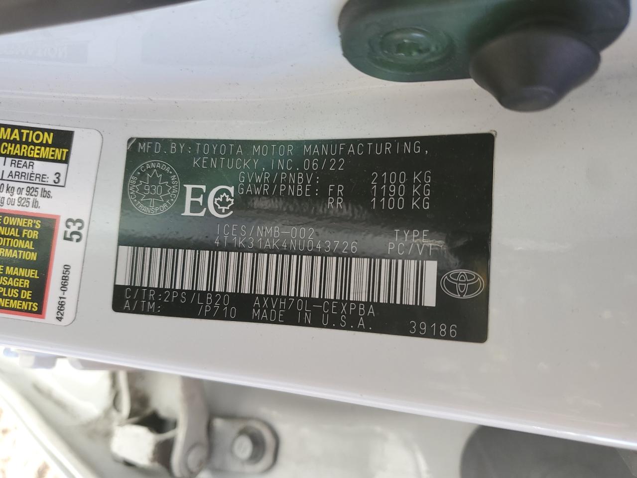 2022 Toyota Camry Xse VIN: 4T1K31AK4NU043726 Lot: 86065725