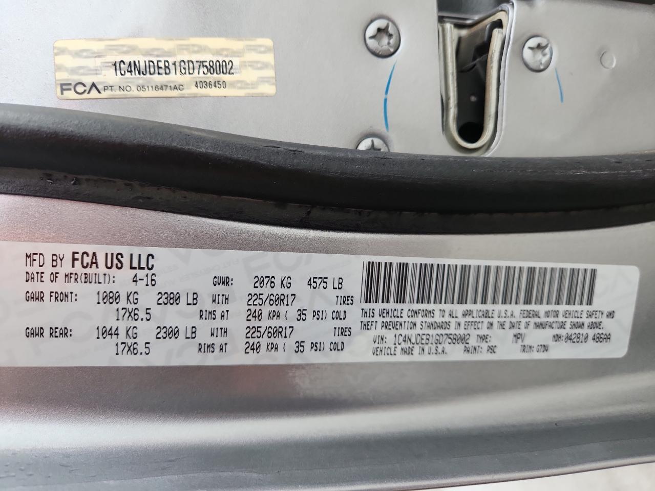 2016 Jeep Compass Latitude VIN: 1C4NJDEB1GD758002 Lot: 84942065