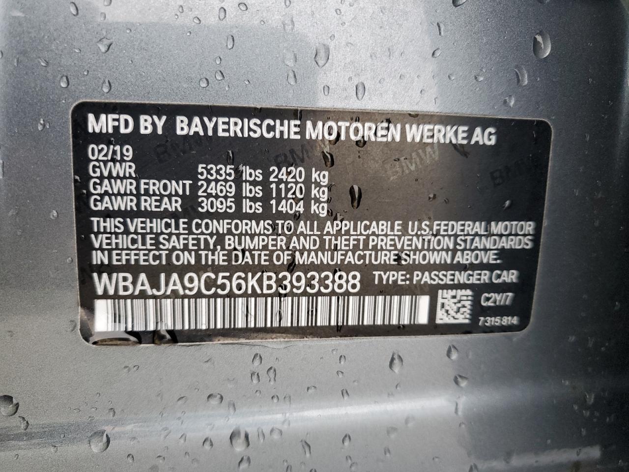 2019 BMW 530E VIN: WBAJA9C56KB393388 Lot: 81776205