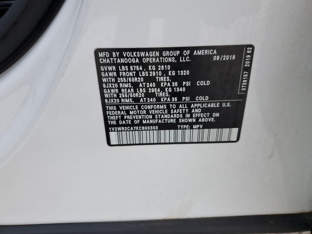 2019 Volkswagen Atlas Se VIN: 1V2WR2CA7KC603303 Lot: 82379575