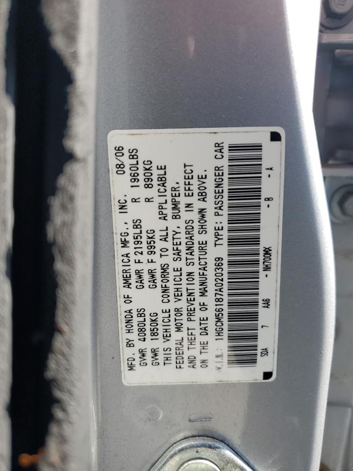 2007 Honda Accord Value VIN: 1HGCM56187A020369 Lot: 86095355