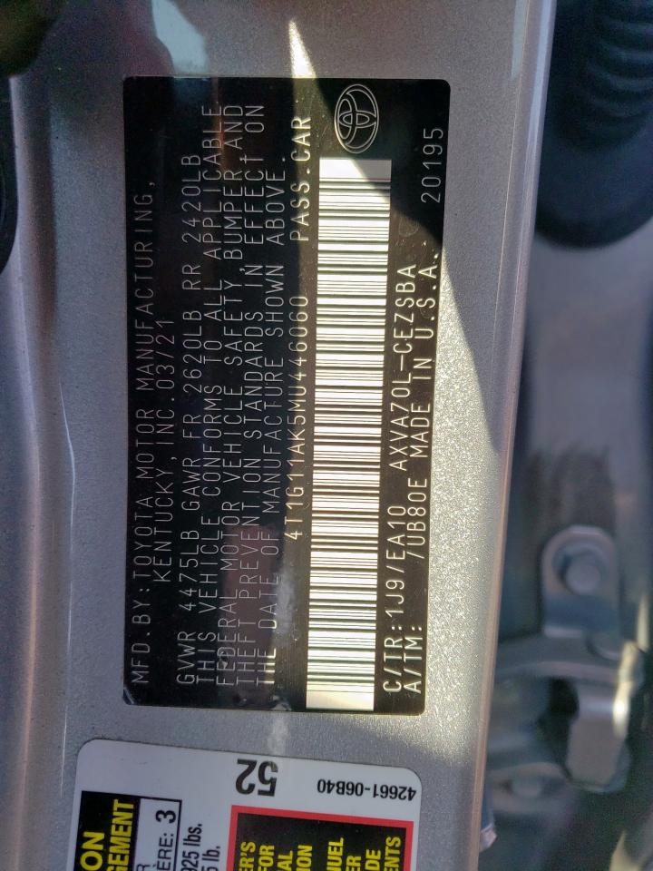 2021 Toyota Camry Se VIN: 4T1G11AK5MU446060 Lot: 84897235