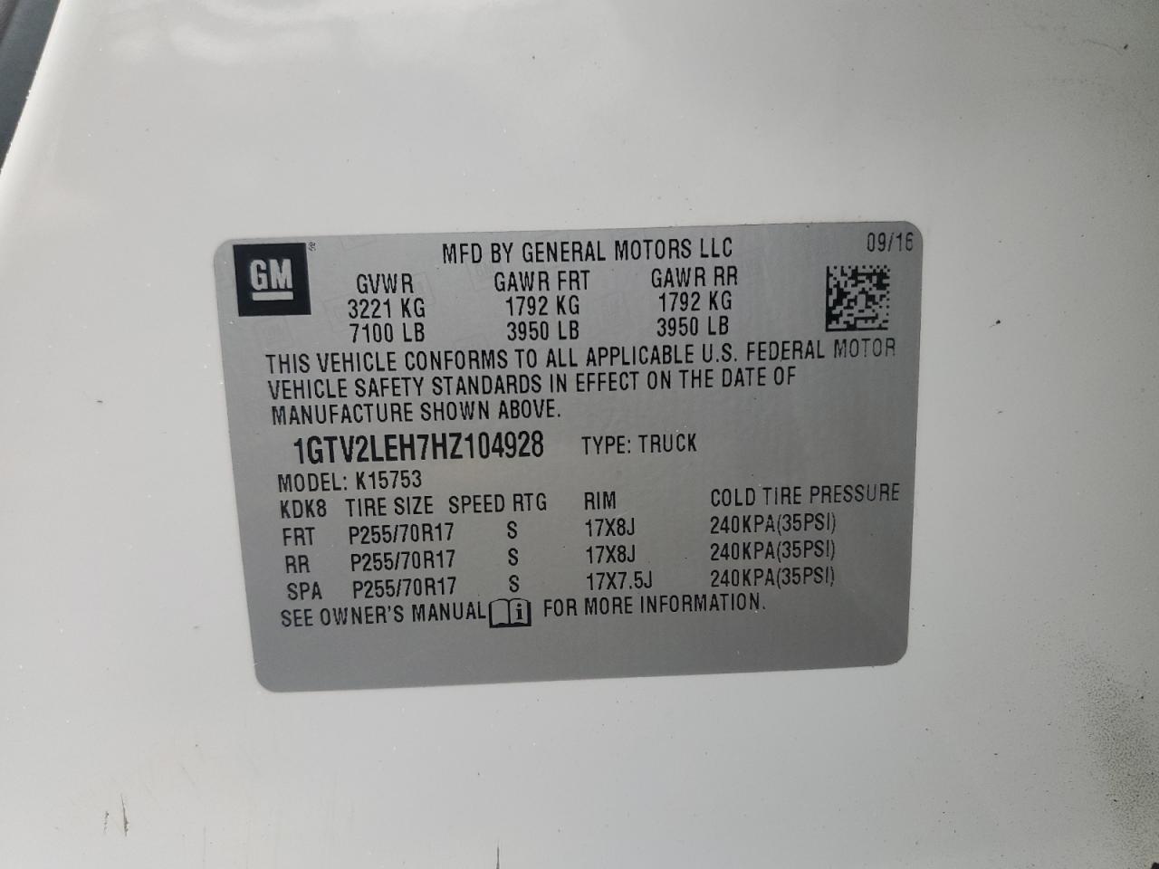 2017 GMC Sierra K1500 VIN: 1GTV2LEH7HZ104928 Lot: 86625635