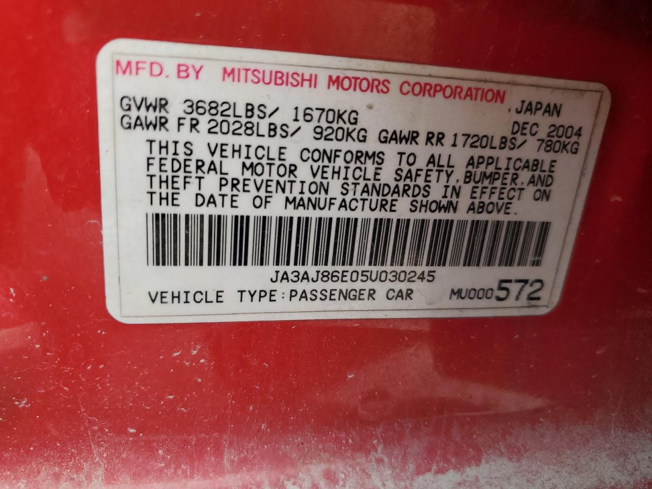 2005 Mitsubishi Lancer Oz Rally VIN: JA3AJ86E05U030245 Lot: 85948955