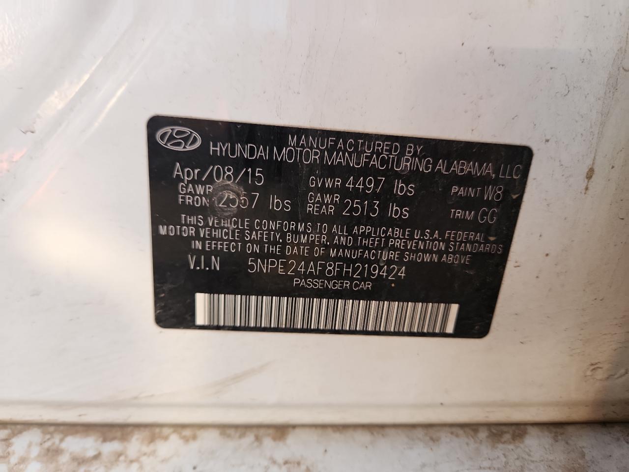 2015 Hyundai Sonata Se VIN: 5NPE24AF8FH219424 Lot: 85385635