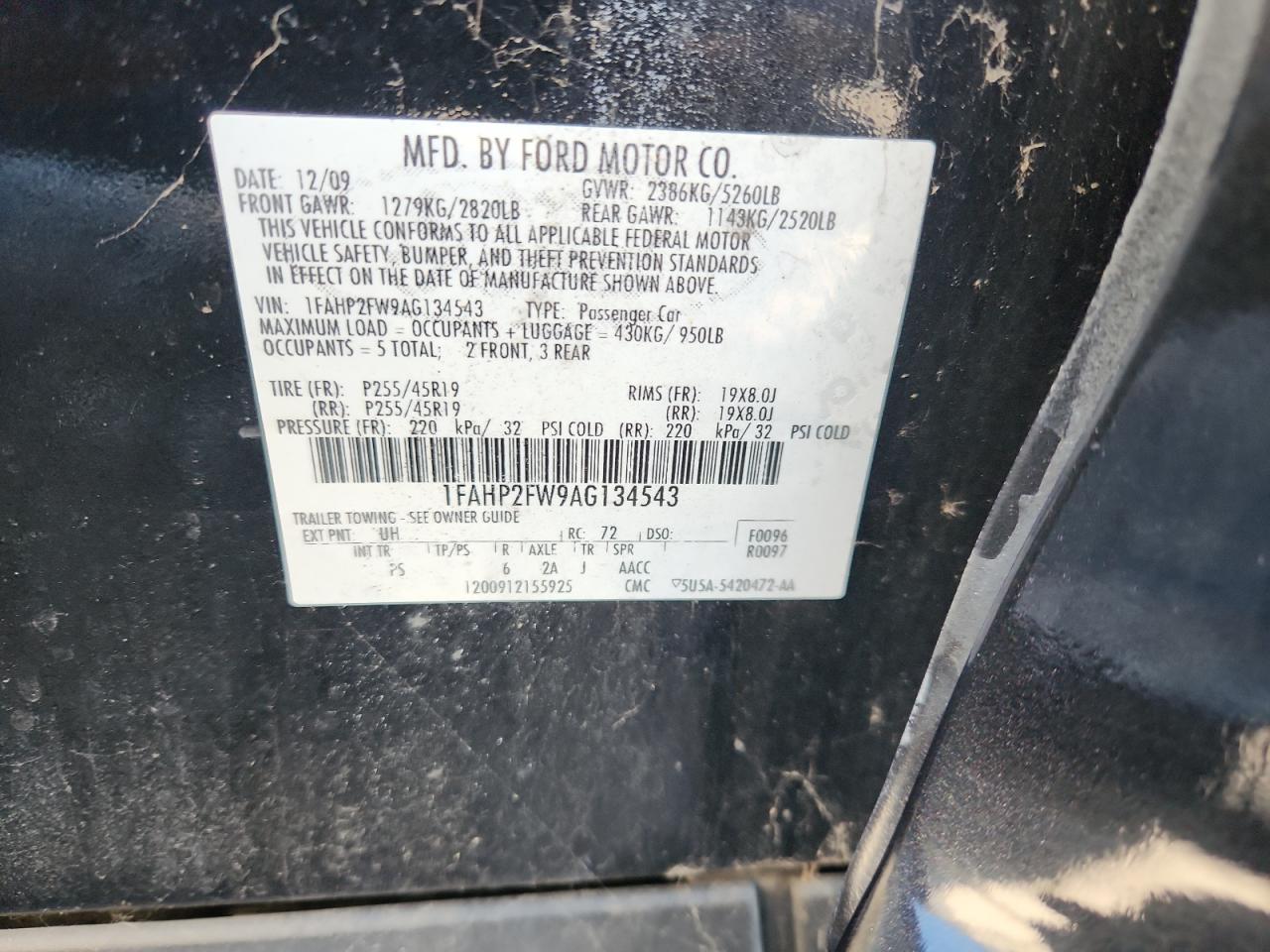 2010 Ford Taurus Limited VIN: 1FAHP2FW9AG134543 Lot: 86241245
