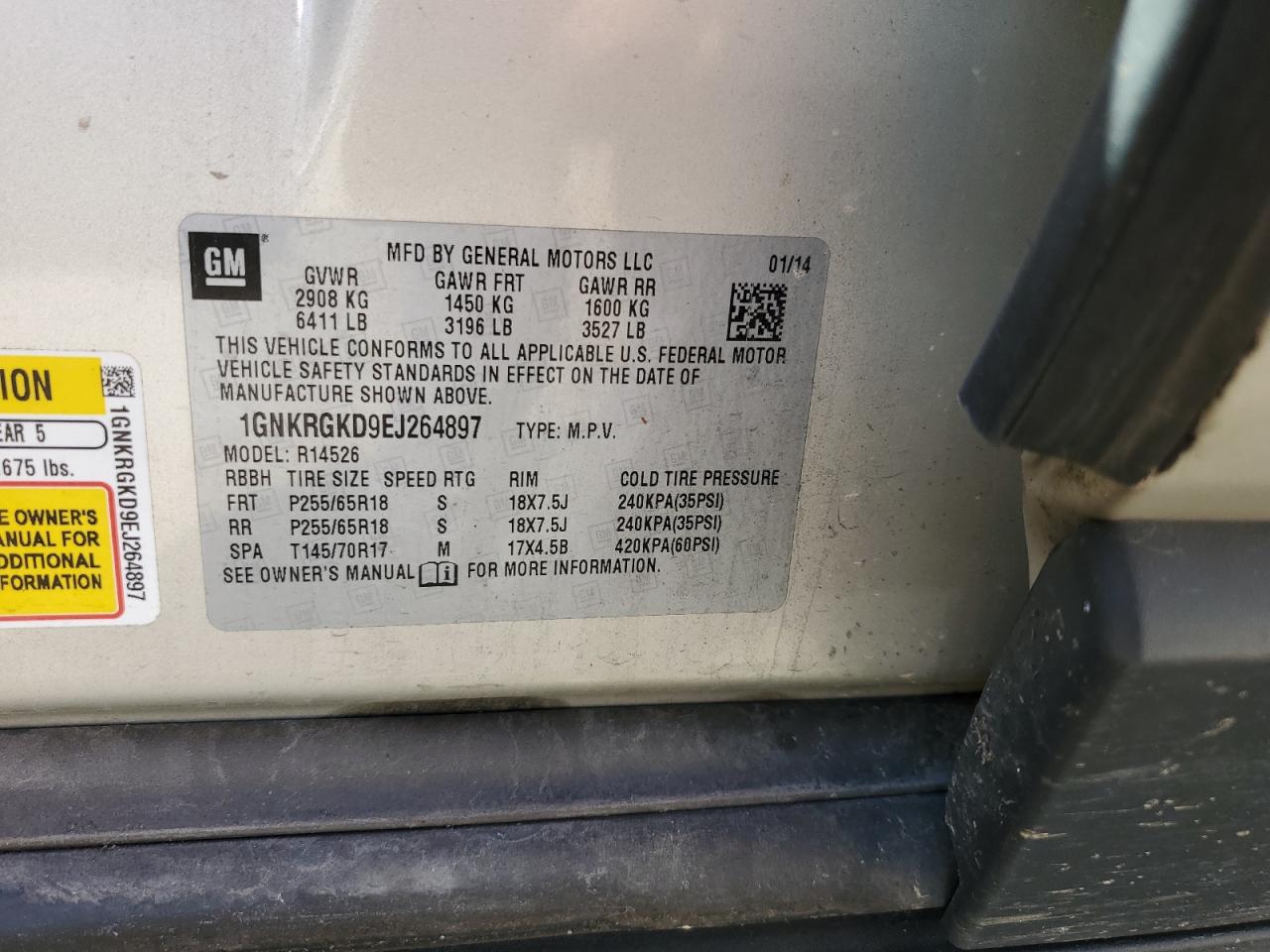 2014 Chevrolet Traverse Lt VIN: 1GNKRGKD9EJ264897 Lot: 84879255
