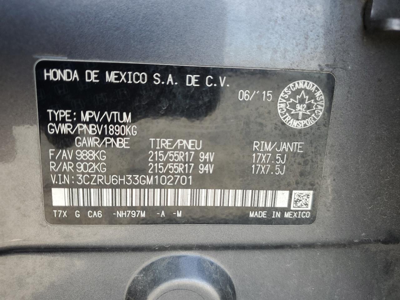 2016 Honda Hr-V Lx VIN: 3CZRU6H33GM102701 Lot: 82315235
