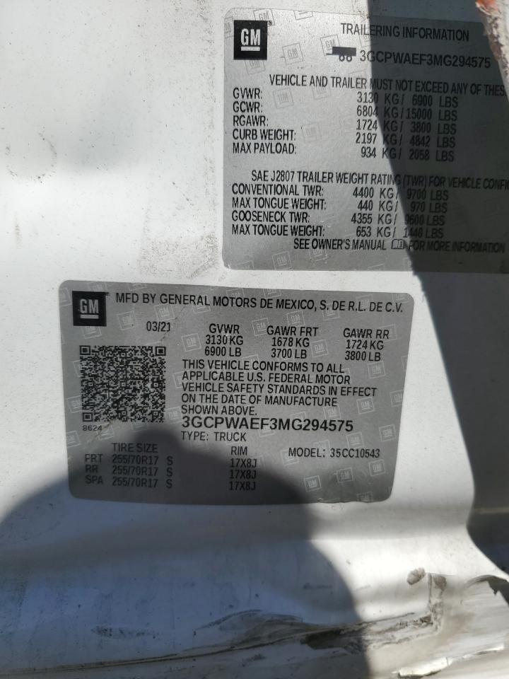 2021 Chevrolet Silverado C1500 VIN: 3GCPWAEF3MG294575 Lot: 82354405