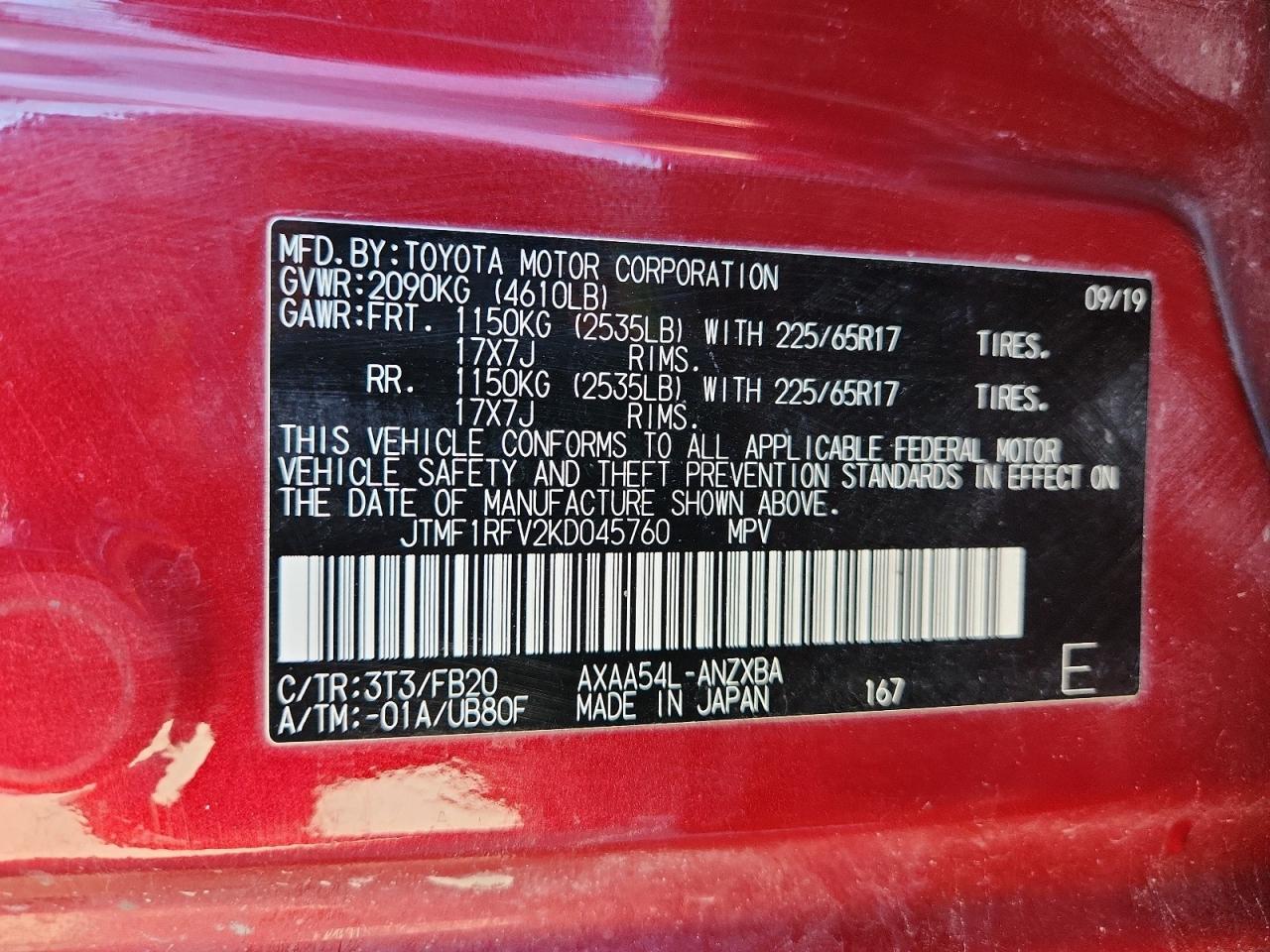 2019 Toyota Rav4 Le VIN: JTMF1RFV2KD045760 Lot: 85395615