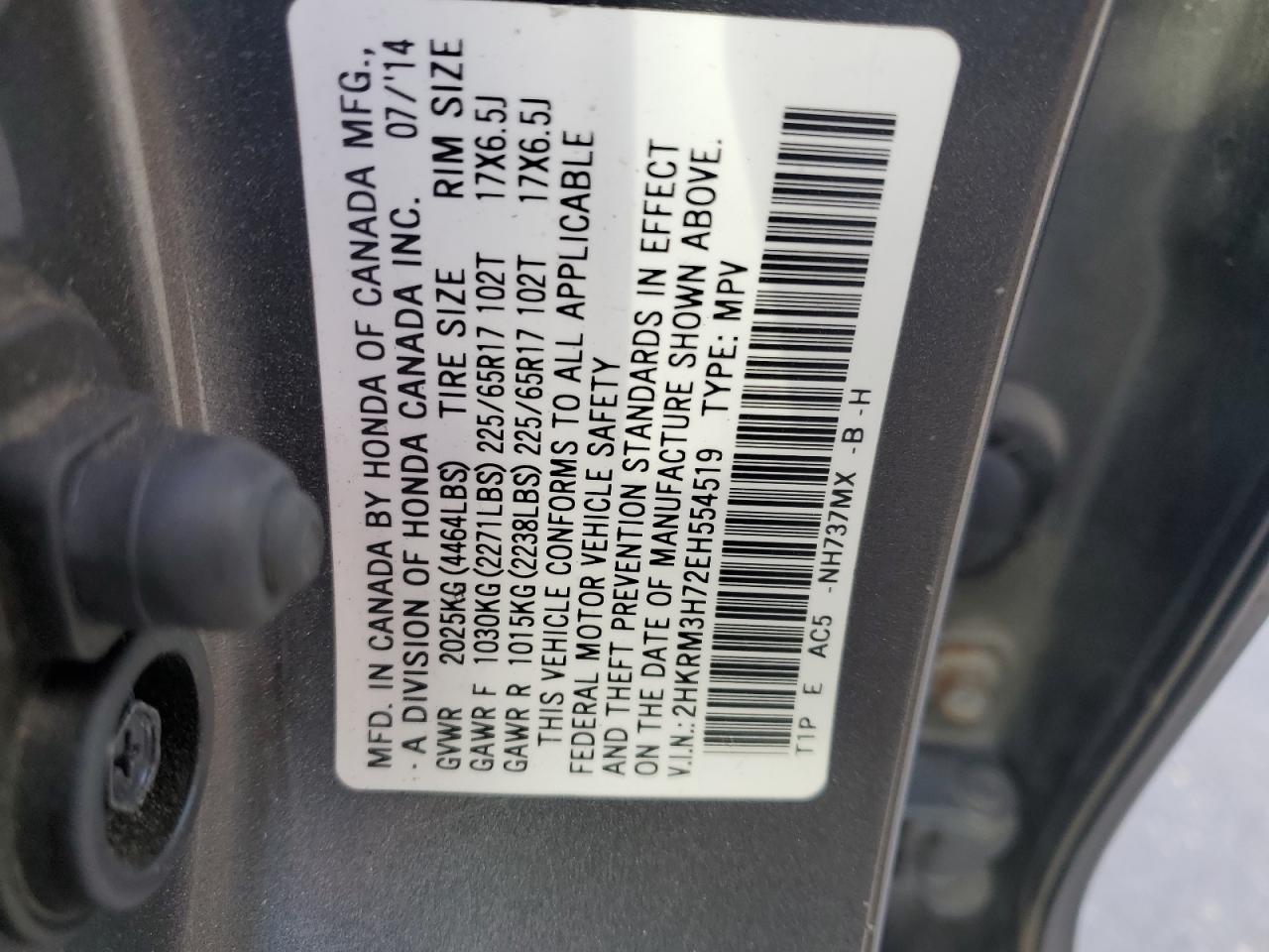 2014 Honda Cr-V Exl VIN: 2HKRM3H72EH554519 Lot: 85120905