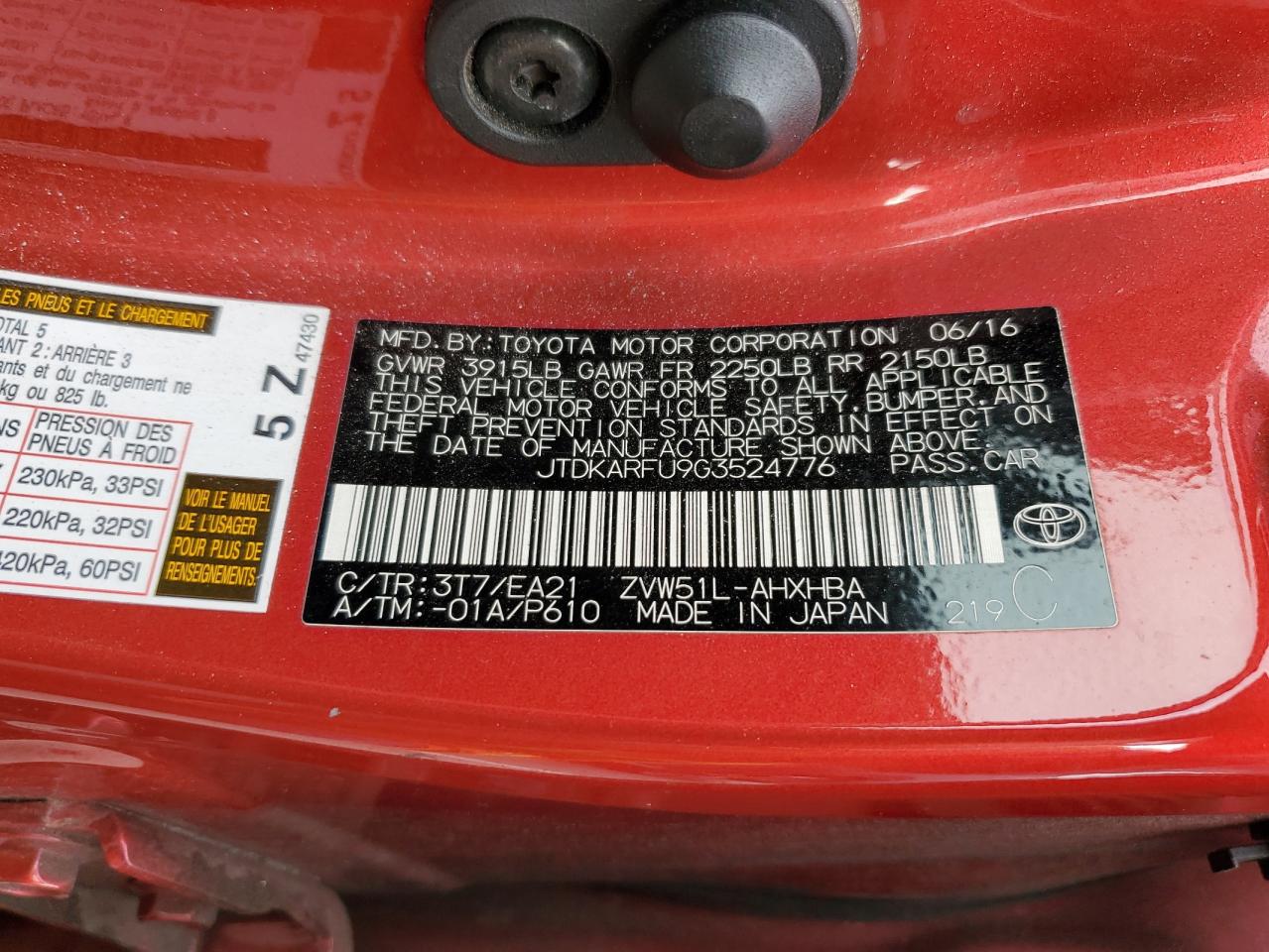 2016 Toyota Prius VIN: JTDKARFU9G3524776 Lot: 84522385