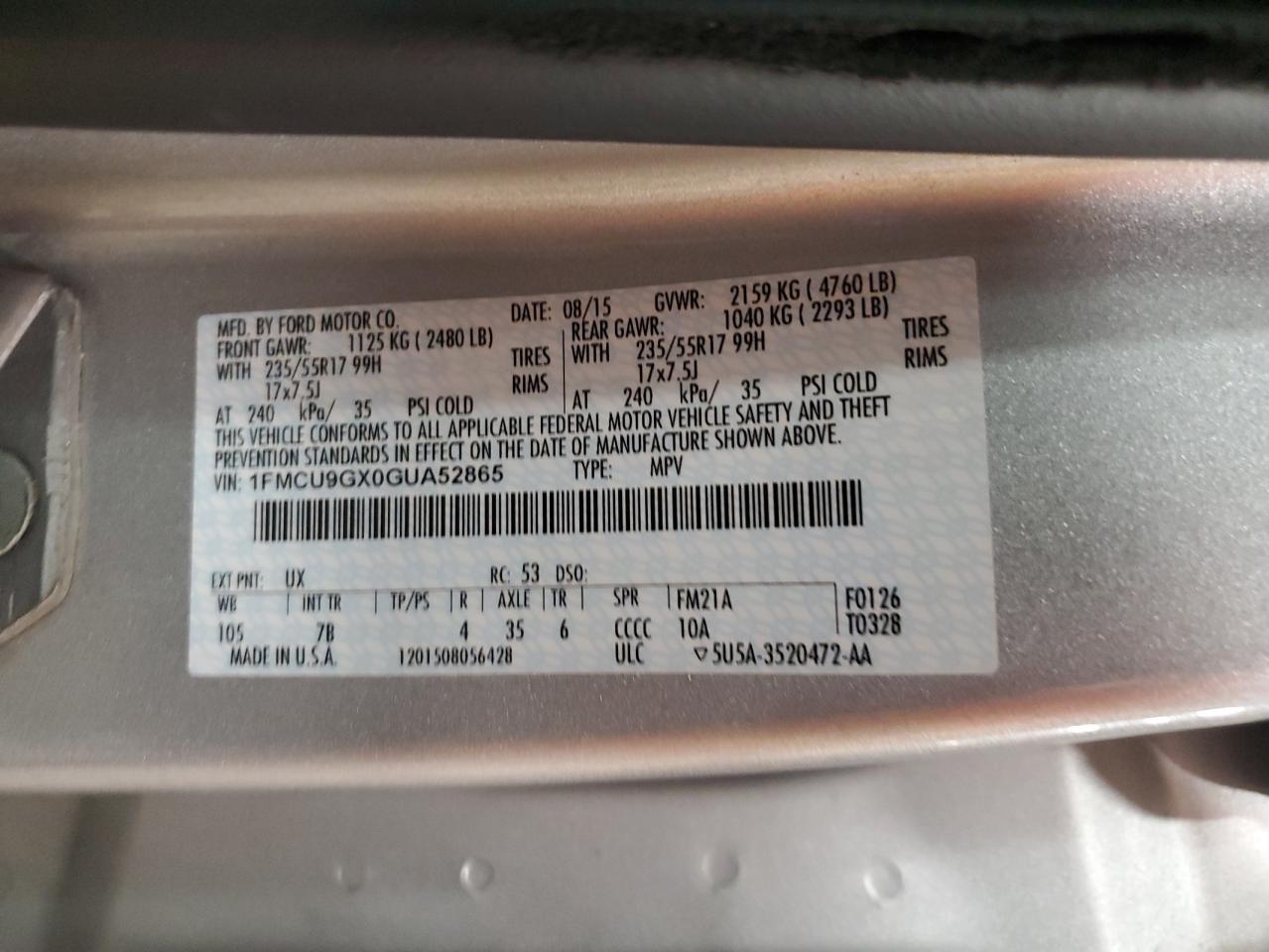 2016 Ford Escape Se VIN: 1FMCU9GX0GUA52865 Lot: 89555515