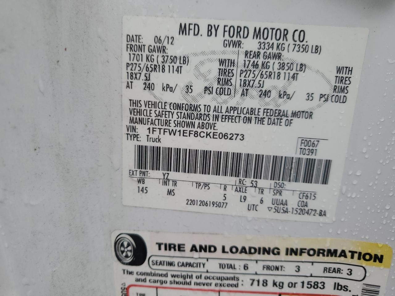 2012 Ford F150 Supercrew VIN: 1FTFW1EF8CKE06273 Lot: 89892395