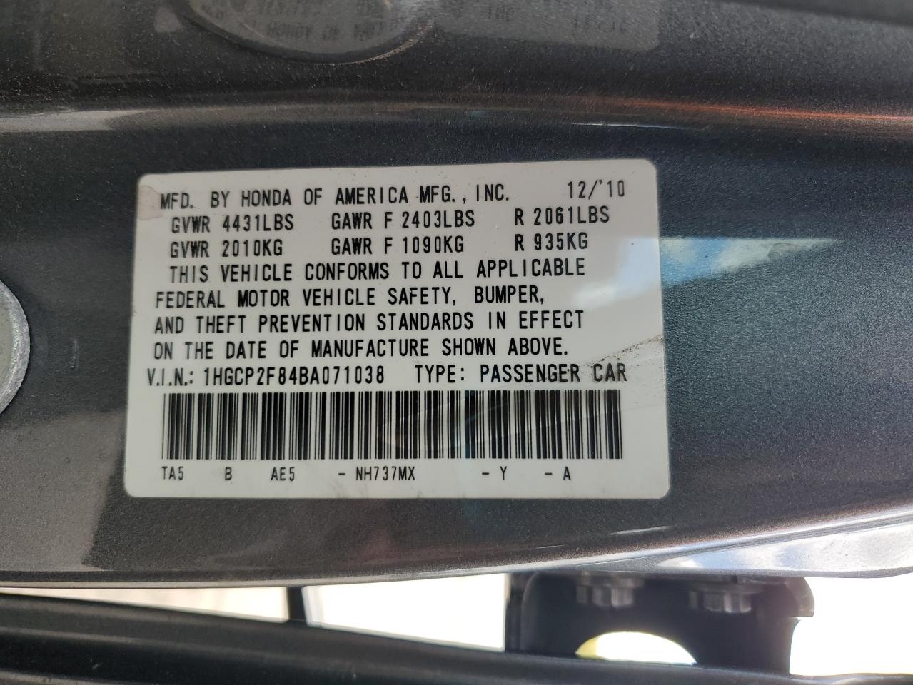 2011 Honda Accord Exl VIN: 1HGCP2F84BA071038 Lot: 82350915