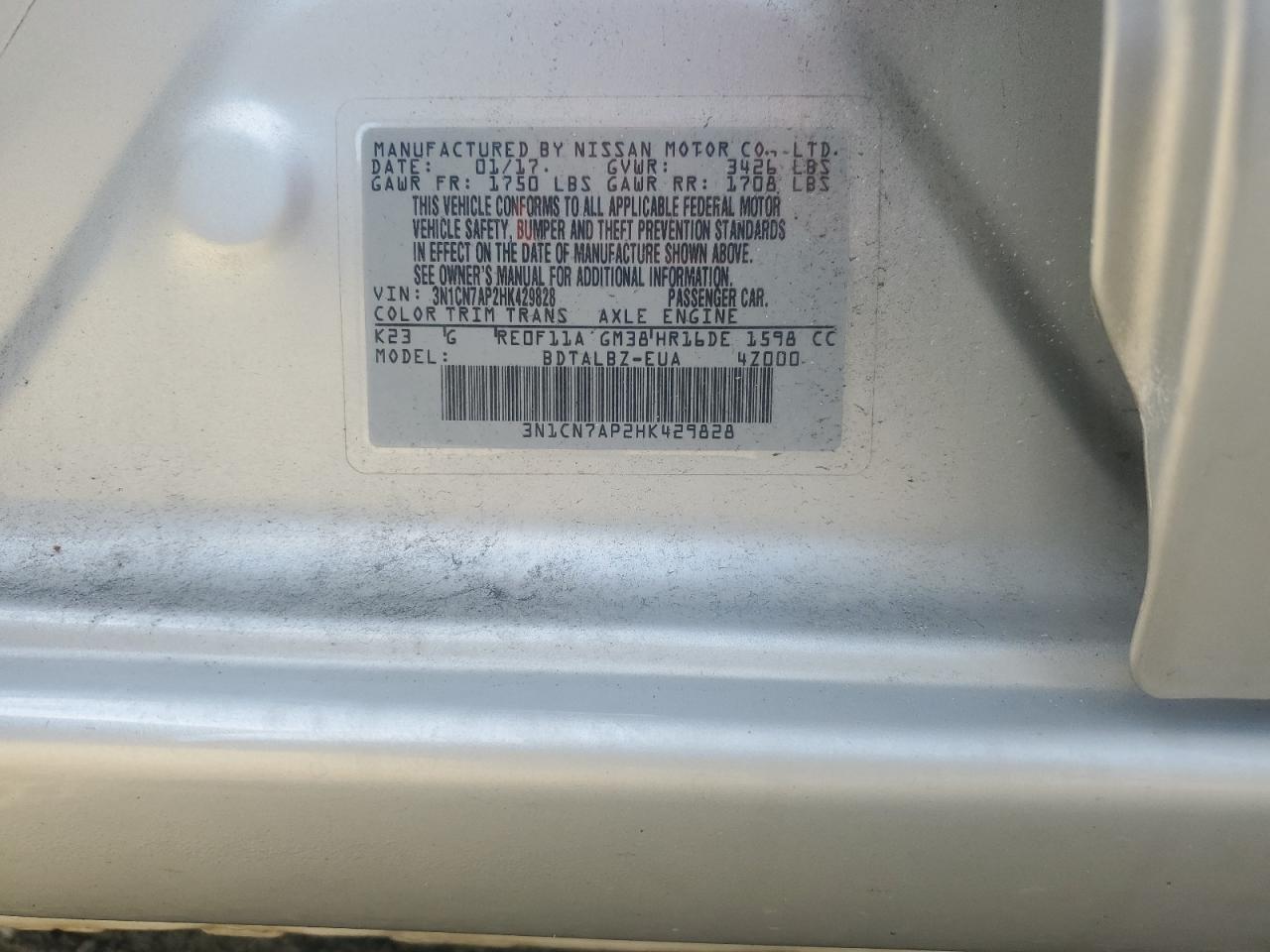 2017 Nissan Versa S VIN: 3N1CN7AP2HK429828 Lot: 84768075