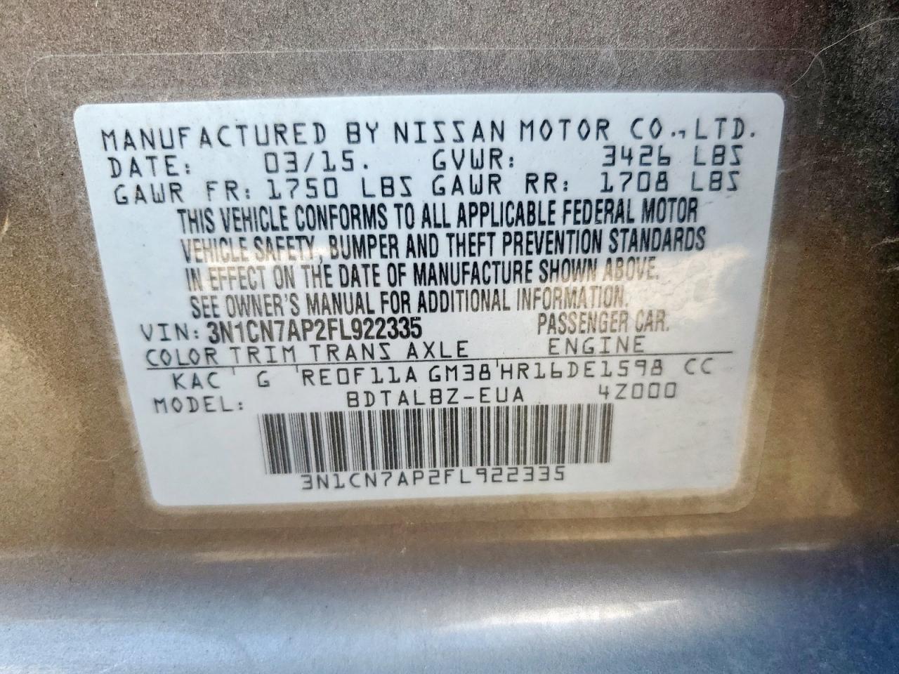2015 Nissan Versa S VIN: 3N1CN7AP2FL922335 Lot: 85918055