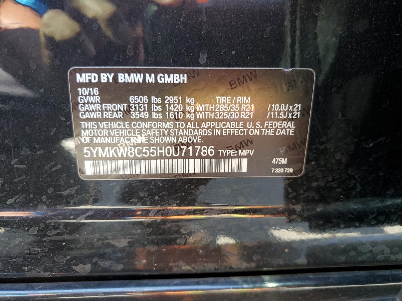 2017 BMW X6 M VIN: 5YMKW8C55H0U71786 Lot: 81986535