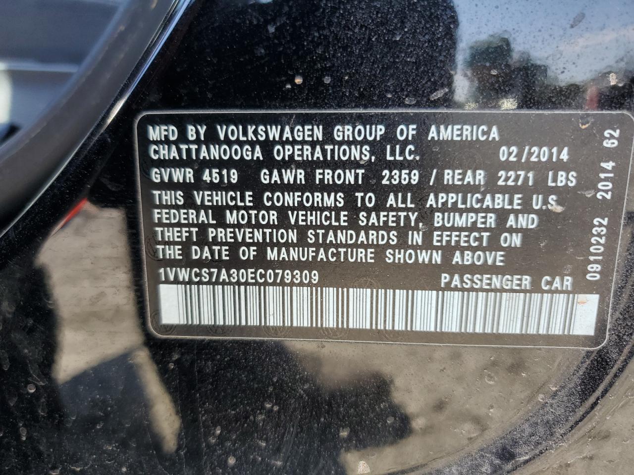 2014 Volkswagen Passat Sel VIN: 1VWCS7A30EC079309 Lot: 82360375