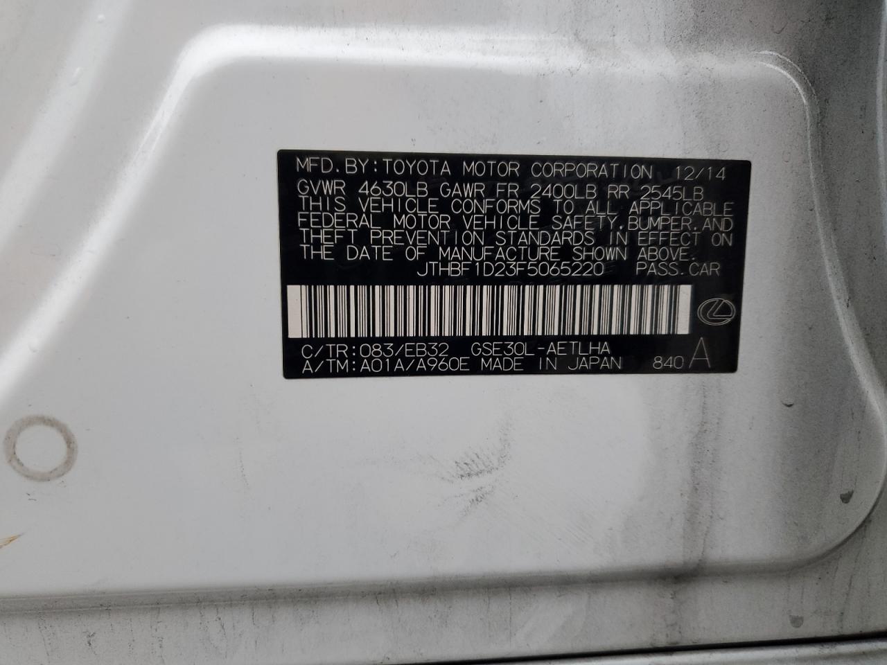 2015 Lexus Is 250 VIN: JTHBF1D23F5065220 Lot: 90072045