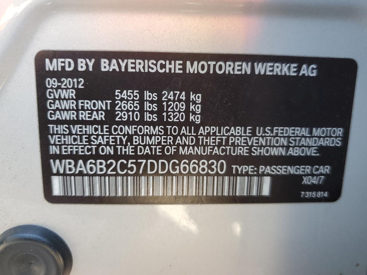 2013 BMW 650 I VIN: WBA6B2C57DDG66830 Lot: 84989455