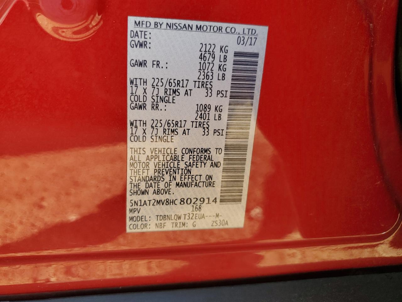 2017 Nissan Rogue Sv VIN: 5N1AT2MV8HC802914 Lot: 81817215