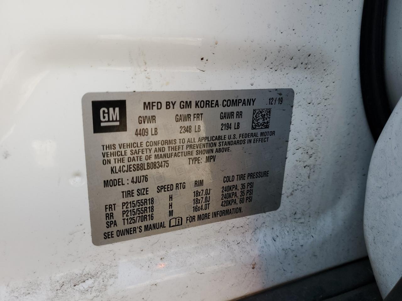 2020 Buick Encore Preferred VIN: KL4CJESB8LB083475 Lot: 89436885