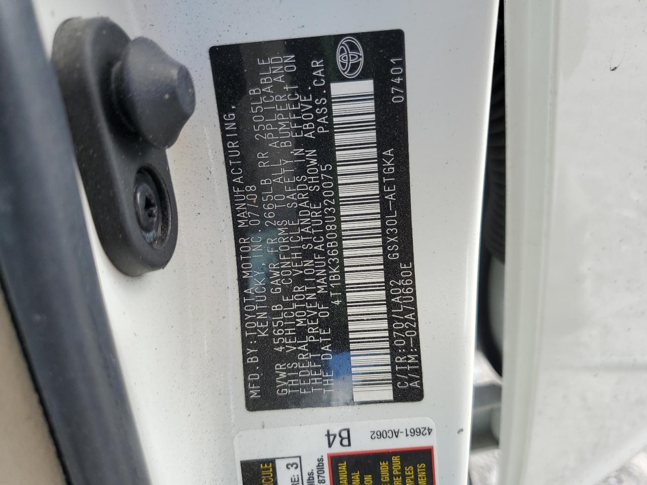 2008 Toyota Avalon Xl VIN: 4T1BK36B08U320075 Lot: 86481685