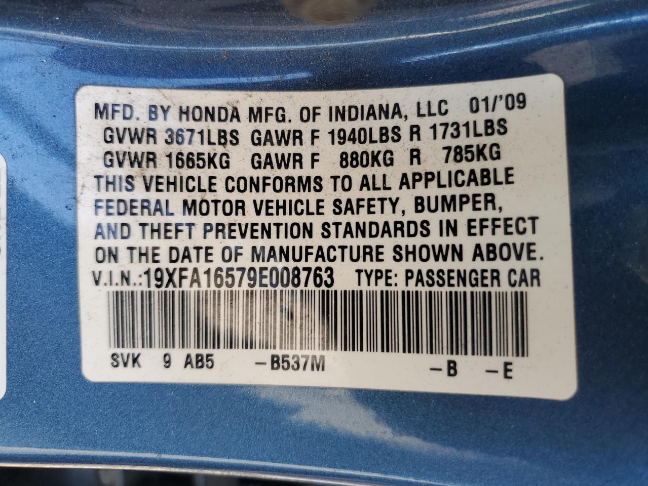 2009 Honda Civic Lx VIN: 19XFA16579E008763 Lot: 81231165