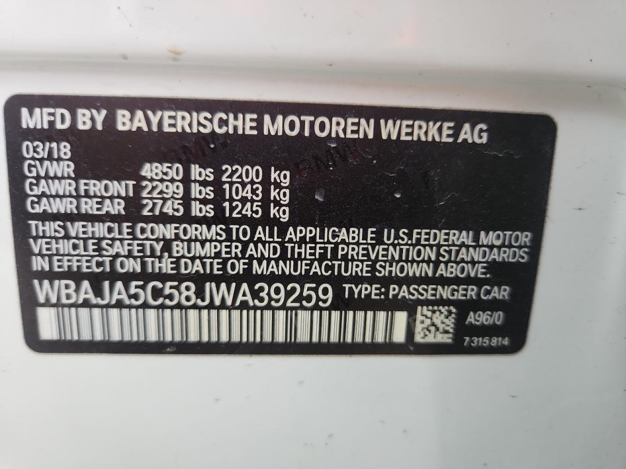 2018 BMW 530 I VIN: WBAJA5C58JWA39259 Lot: 85089735