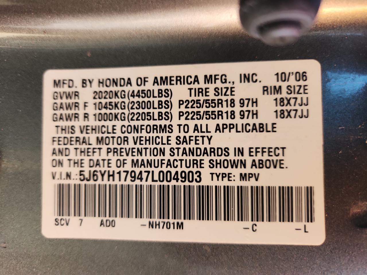 2007 Honda Element Sc VIN: 5J6YH17947L004903 Lot: 84791375
