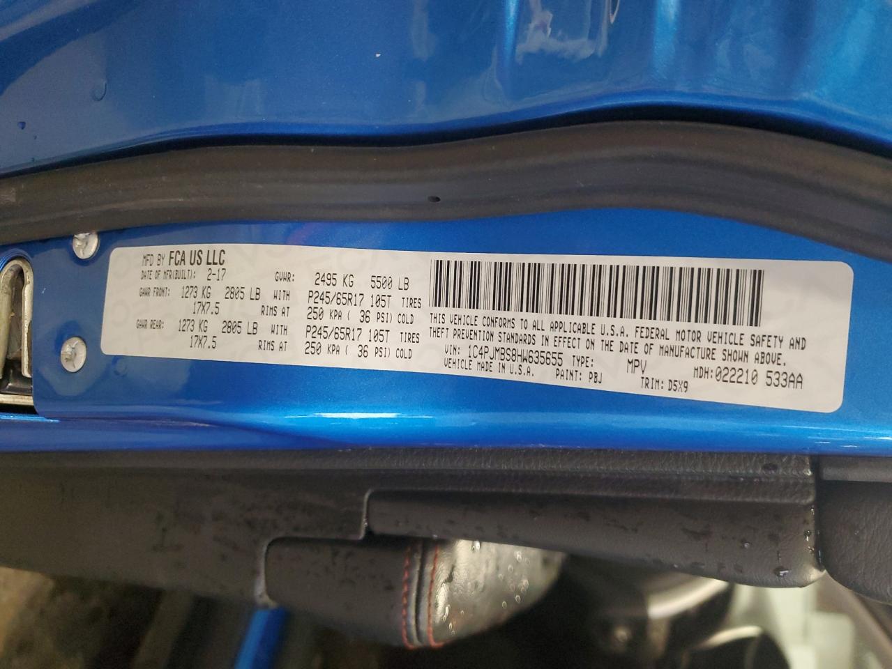 2017 Jeep Cherokee Trailhawk VIN: 1C4PJMBS8HW635655 Lot: 90594115