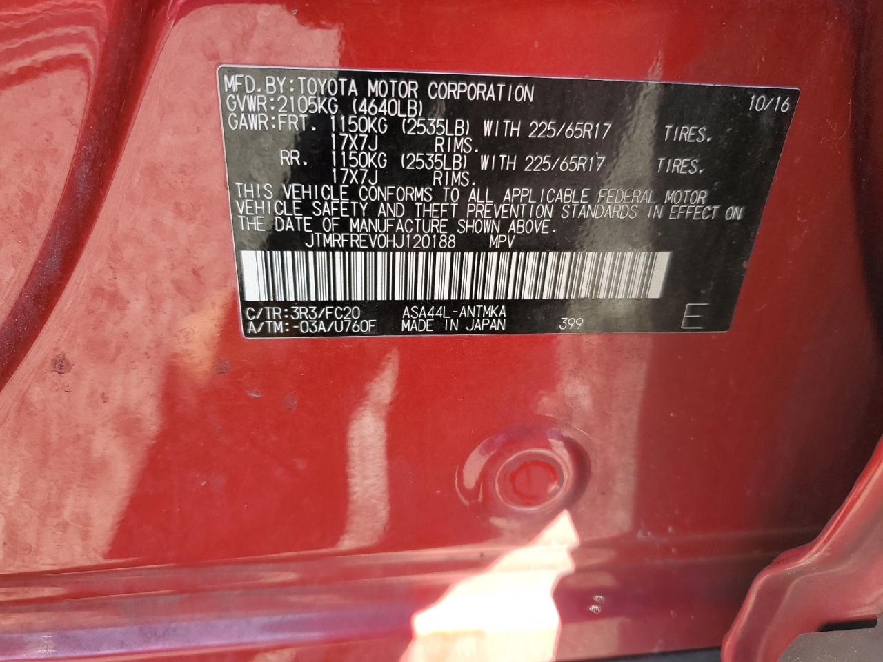 2017 Toyota Rav4 Xle VIN: JTMRFREV0HJ120188 Lot: 86244915