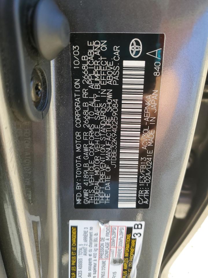 2004 Toyota Camry Le VIN: JTDBE32K940259084 Lot: 86524575