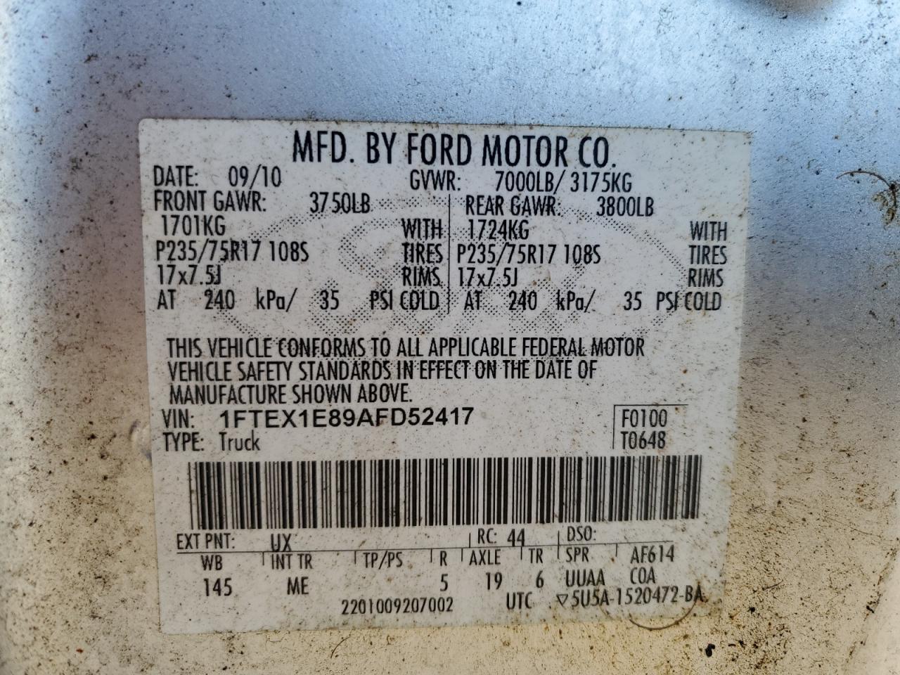 2010 Ford F150 Super Cab VIN: 1FTEX1E89AFD52417 Lot: 82564375