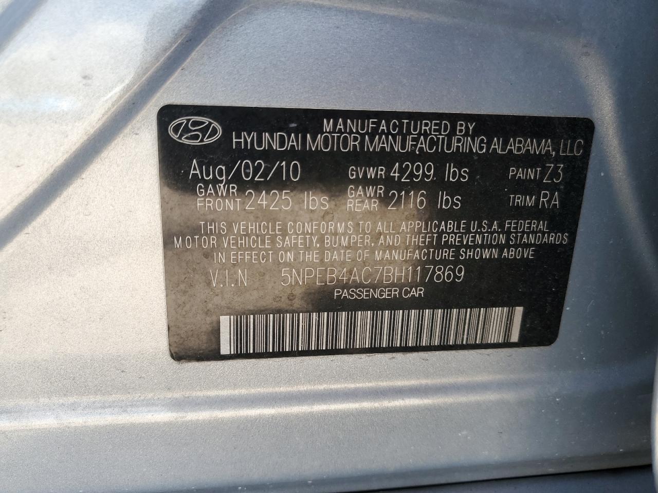 2011 Hyundai Sonata Gls VIN: 5NPEB4AC7BH117869 Lot: 82349305